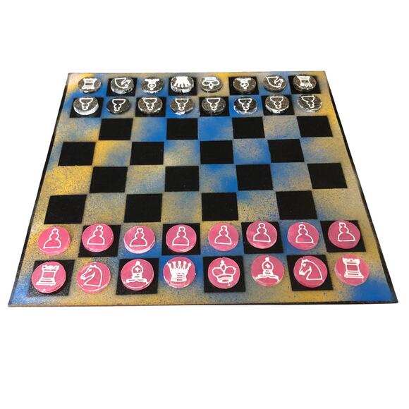 Painted Chess Set - Blu Yellow Mix (Pink Pieces) - Picture 1 of 10